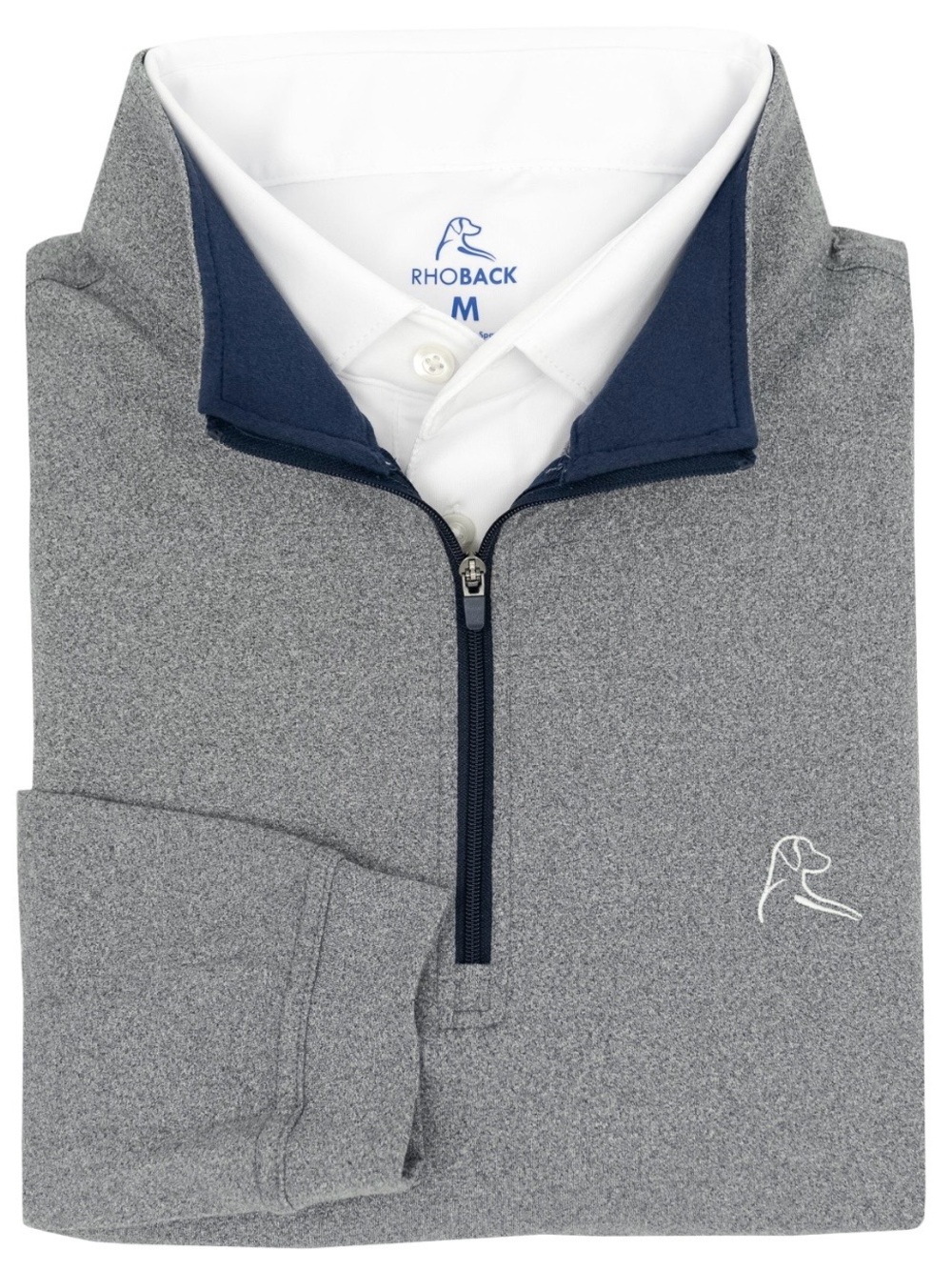 Rhoback Heather Gray Performance Quarter Zip Pullover Q-Zip with Navy Trim XL